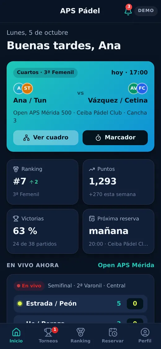 Pantalla de inicio de APS Pádel