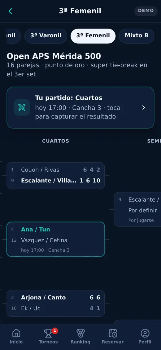 Otra pantalla de APS Pádel