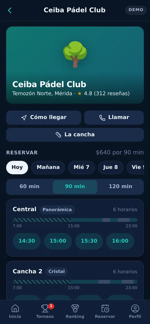 Otra pantalla de APS Pádel