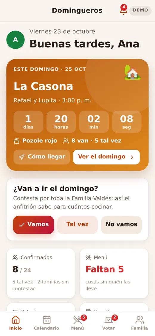 Pantalla de inicio de Domingueros