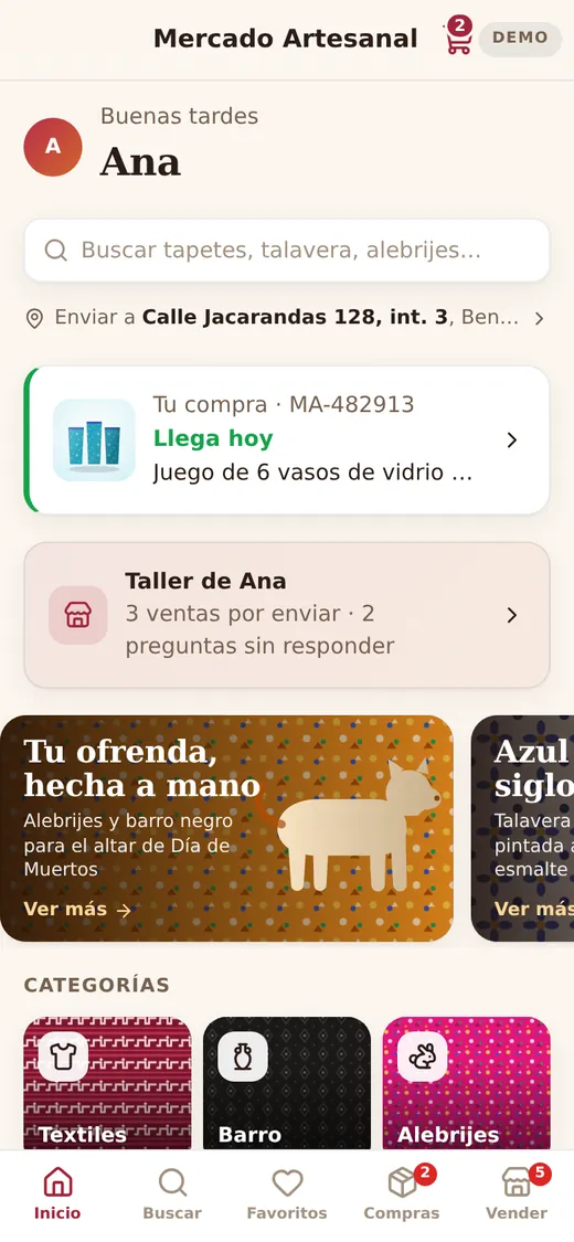 Pantalla de inicio de Mercado Artesanal