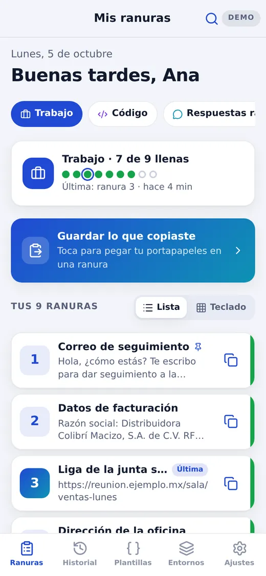 Pantalla de inicio de Portapapeles Macizo