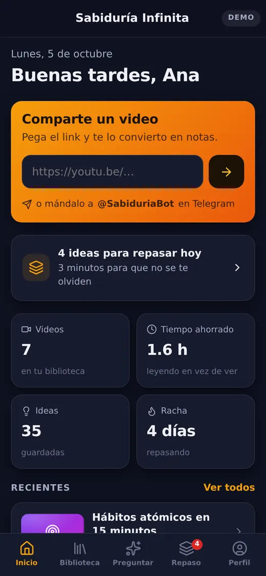 Pantalla de inicio de Sabiduría Infinita